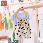 Cartoon Cow Romper, Short-Sleeved Overalls (Blue Color)