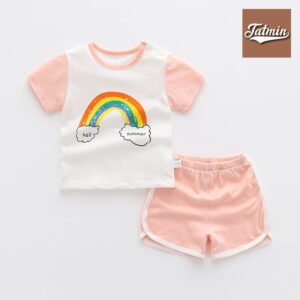 Summer T-shirt Pant Set Summer Baby Short-Sleeved (Pink Rainbow)