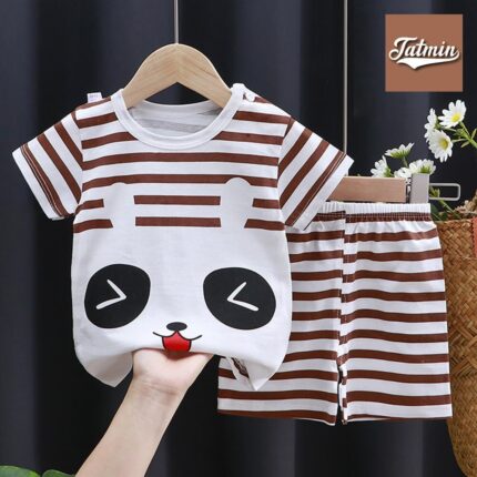 Korean Summer Short Sleeve T-shirt Pant Set (Short Coffee Bear)
