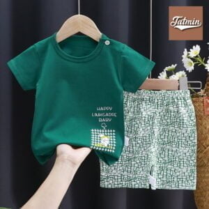 Korean Summer Short Sleeve T-shirt Pant Set (Short Square Green)