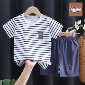Korean Summer Short Sleeve T-shirt Pant Set (Striped Bear)