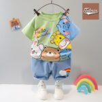 Short Sleeve Set Cartoon Band Pants Set (Giraffe Green)