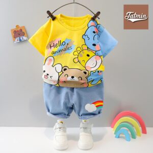 Short Sleeve Set Cartoon Band Pants Set For kids (Giraffe Yellow)