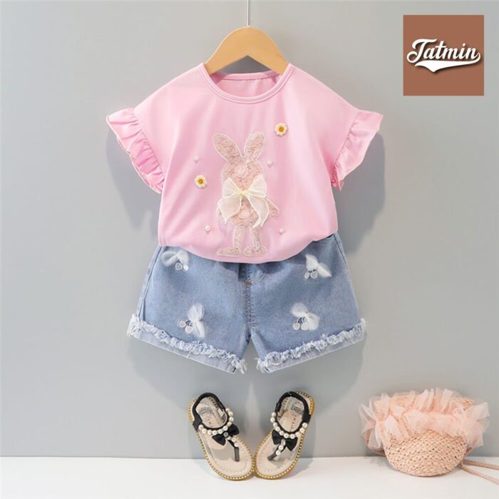 Short Sleeve Set Band Pants Set For Baby Girl (Little Girl Pink)