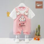 Short Sleeve Set Cute Rabbit Pink Romper For Girls